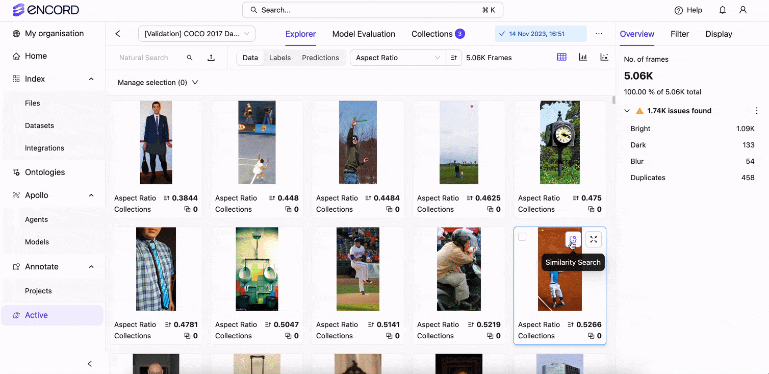 Find similar images of tennis players using Encord Active