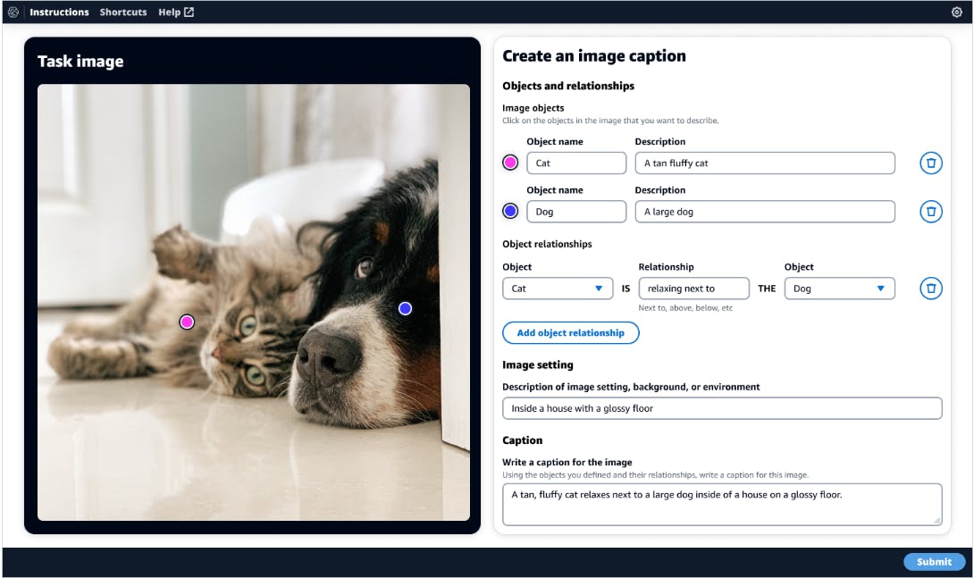 Screenshot of Amazon's SageMaker Ground Truth data labeling platform labelling image of dog and cat