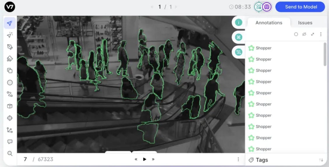 Screenshot of V7's image annotation tool labeling image of people on escalator in shopping mall